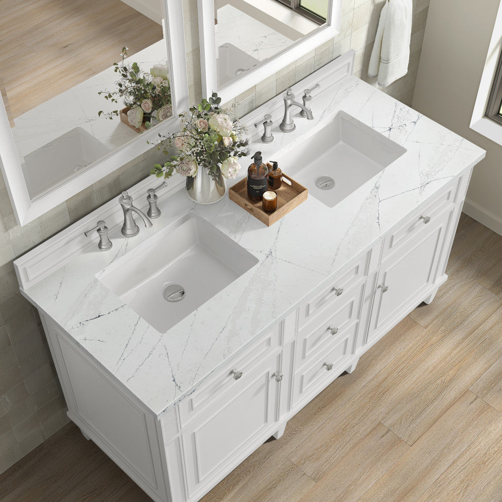 Lorelai 60" Double Vanity, Bright White, 3 CM White Zeus Top