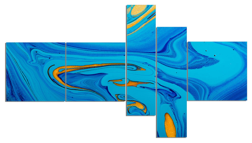 Light Blue Abstract Acrylic Paint Mix, Abstract Art on Canvas, 60"x32", 5 panels