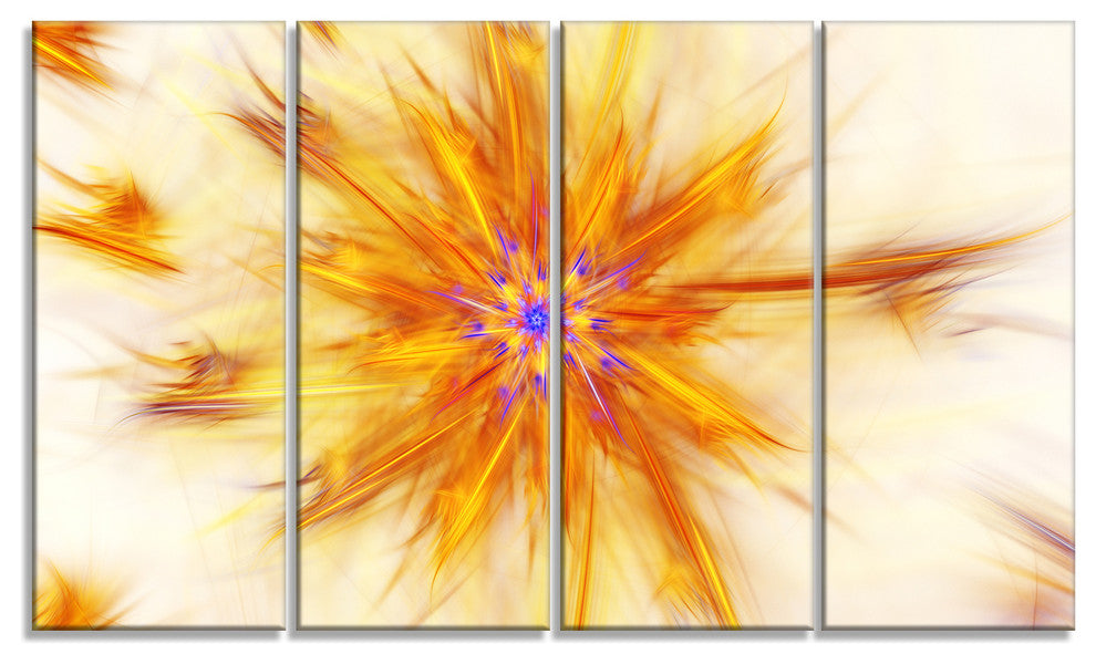 Shining Yellow Exotic Fractal Flower, Floral Canvas Art Print, 48"x28", 4 Panels
