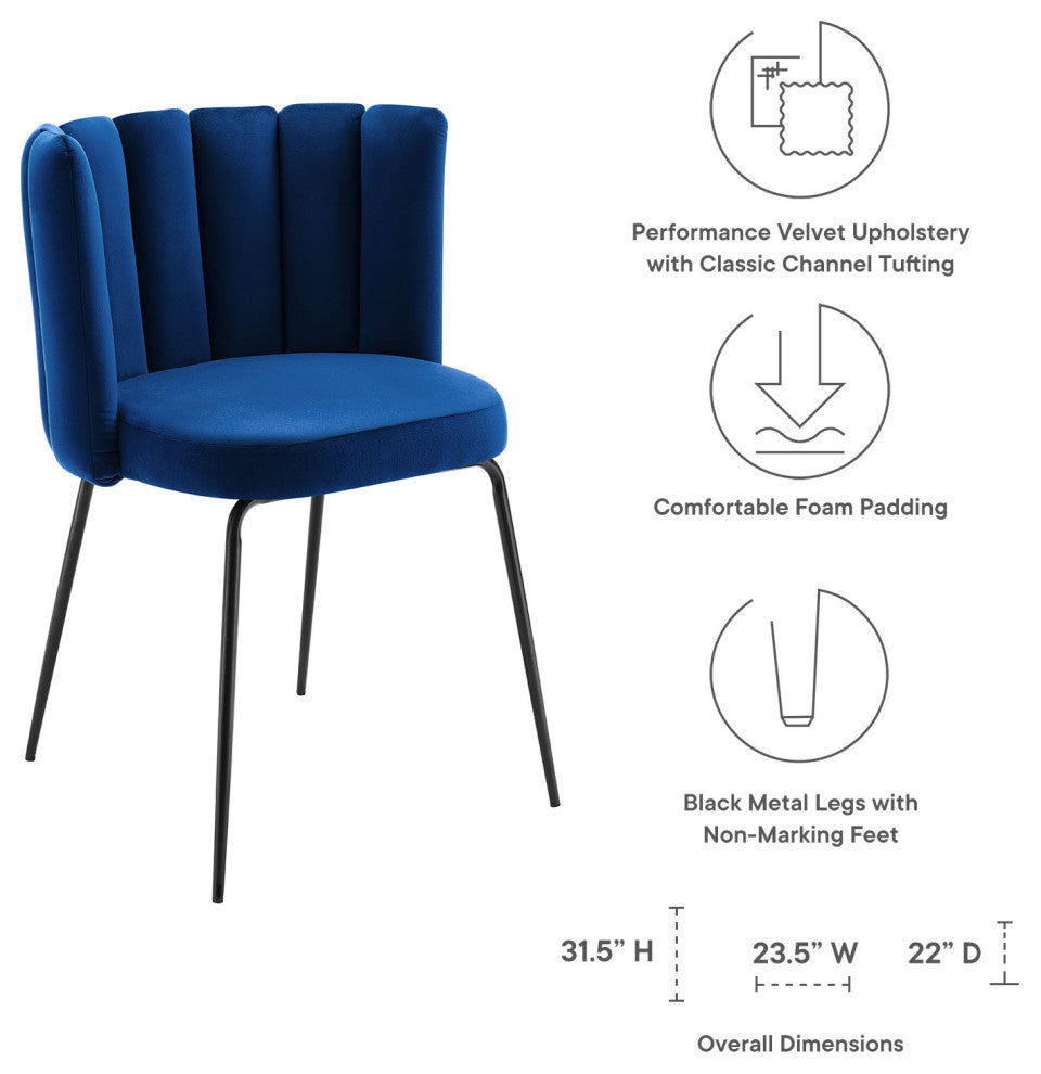 Dining Chair, Set of 2, Black Blue Navy, Velvet, Modern Cafe Bistro Hospitality