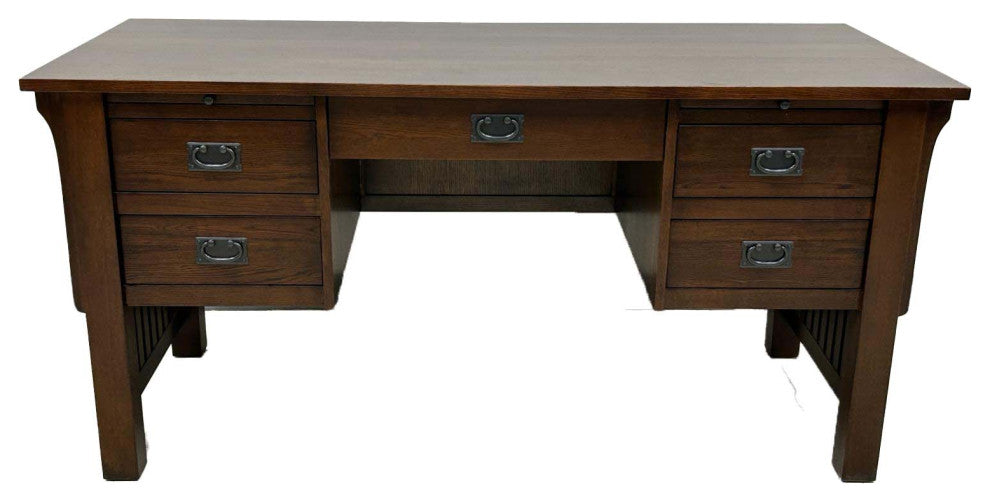 Mission Solid Quarter Sawn Oak Desk, Library Table With 5-Drawers Walnut