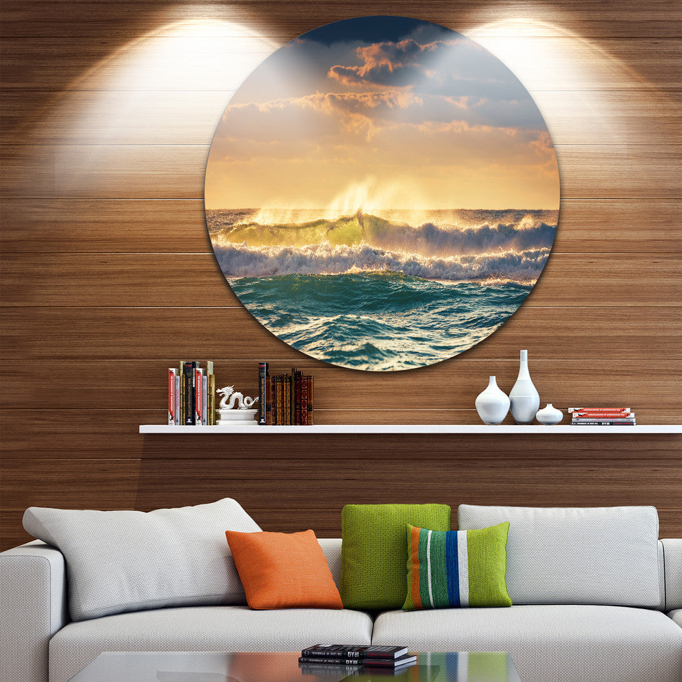 Sunrise And Shining Waves In Ocean, Seashore Disc Metal Wall Art, 36"