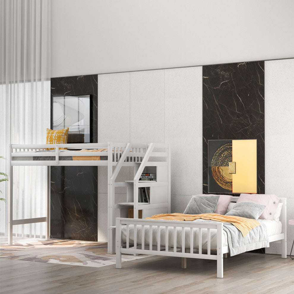 Versatile Design-Twin Over Full Loft Bed, with Staircase, White