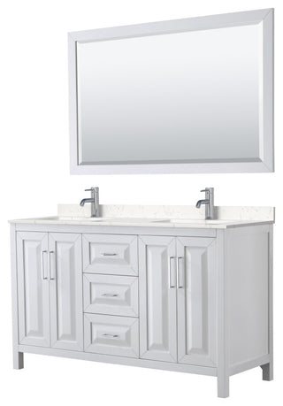 60, Double Vanity, White, Light-Vein Marble Top, SQ Sinks, 58, Mirror