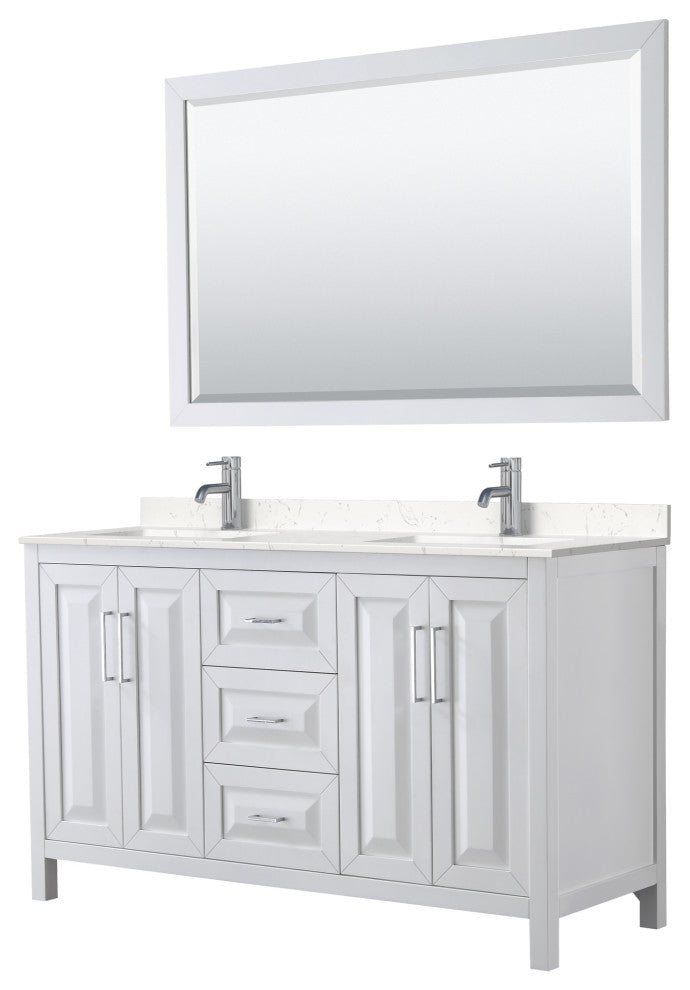 60, Double Vanity, White, Light-Vein Marble Top, SQ Sinks, 58, Mirror