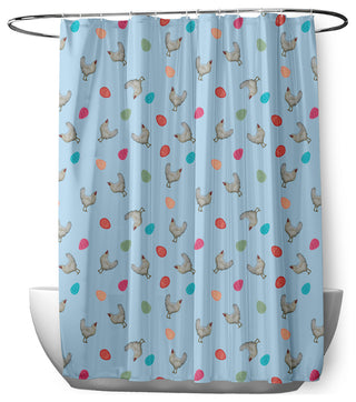 70"Wx73"L Chickens and Eggs Shower Curtain, After Rain Blue