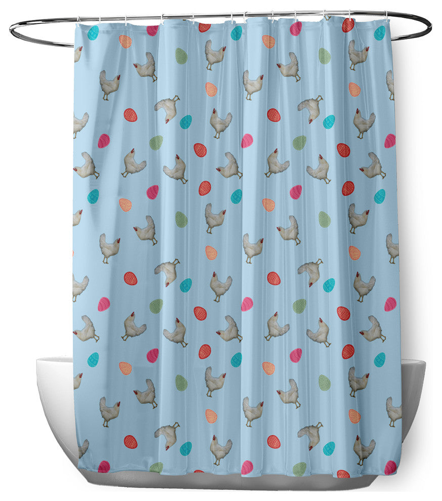 70"Wx73"L Chickens and Eggs Shower Curtain, After Rain Blue