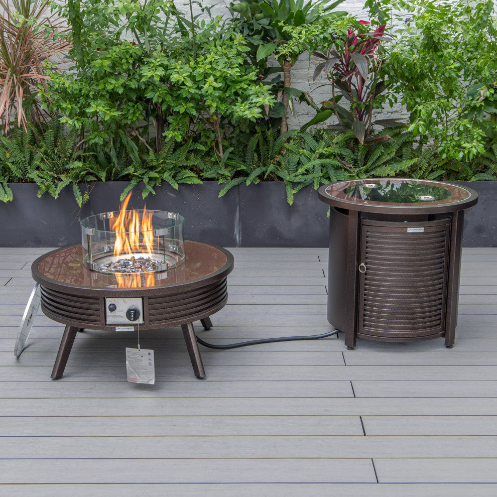 LeisureMod Walbrooke Patio Conversation Set With Fire Pit Table, Red