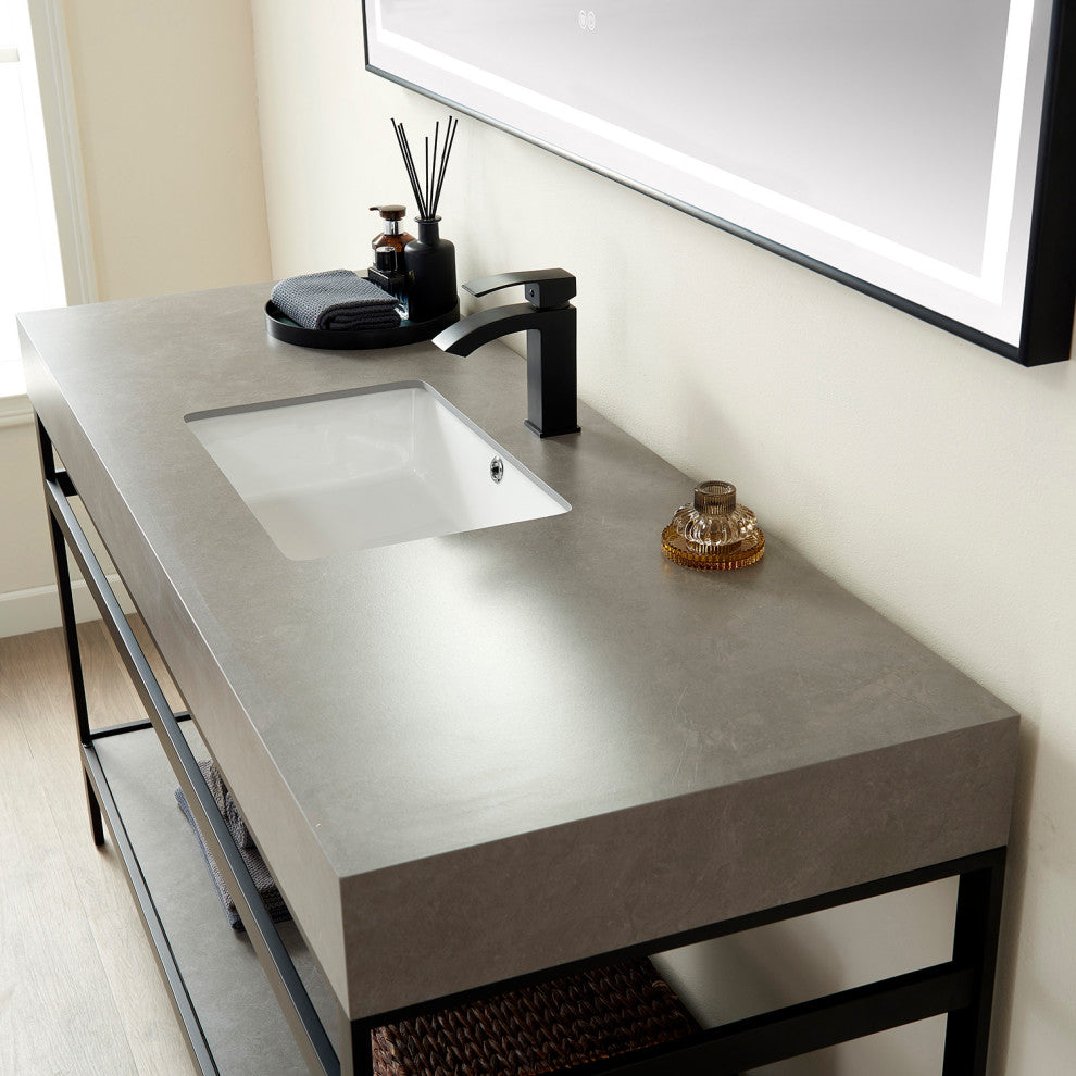 Funes Bath Vanity without Mirror, Matte Black Hardware, Double Sink, Grey Stone Top