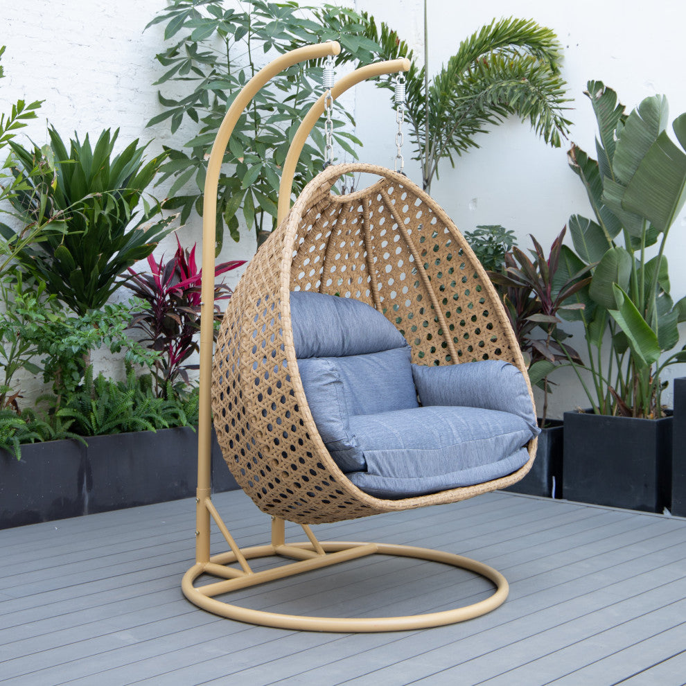 LeisureMod Mendoza Light Brown Wicker Hanging Double Egg Swing Chair, Charcoal