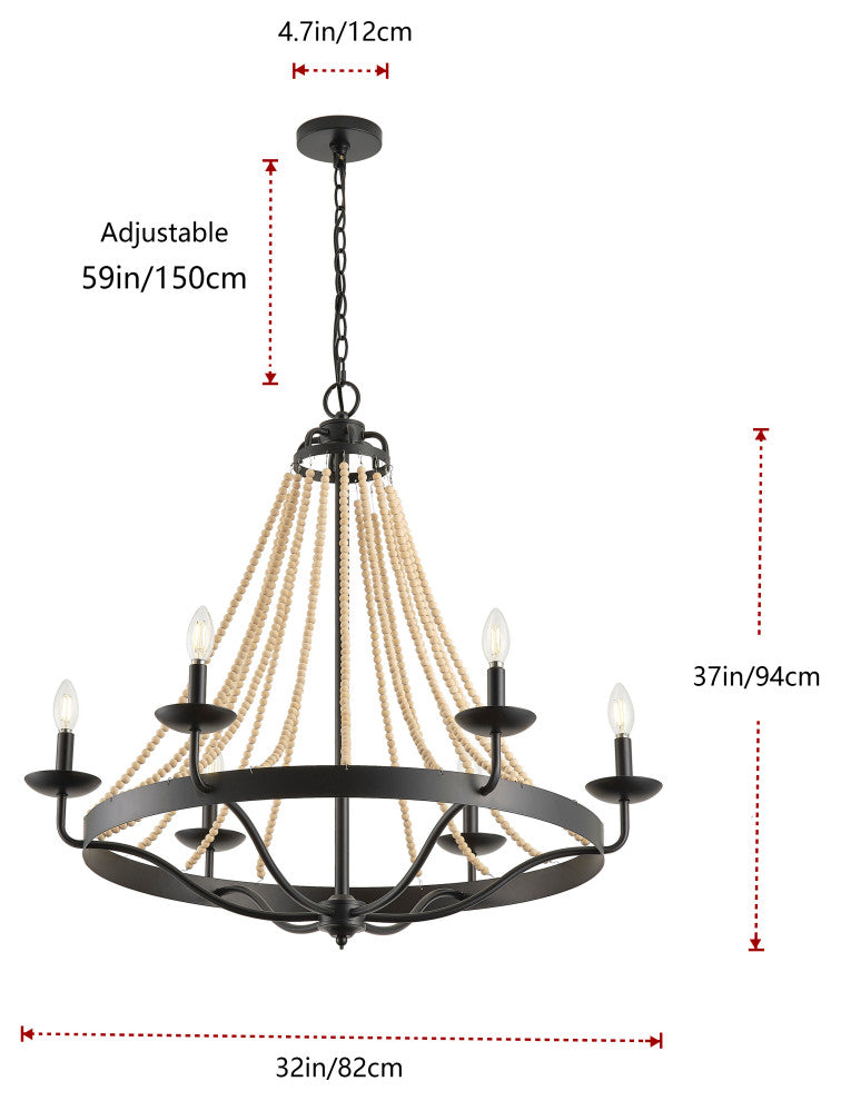 Matte Black Farmhouse Candle Chandelier With Wood Beads Design