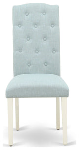 3Pc Dinette Set, Rounded Table, Two Chairs, Baby Blue Fabric, Linen White