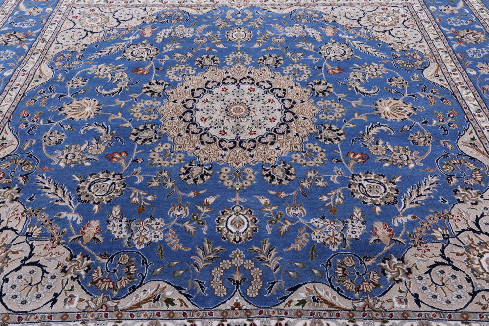 9' Square Persian Nain Handmade Wool and Silk Rug Q6139