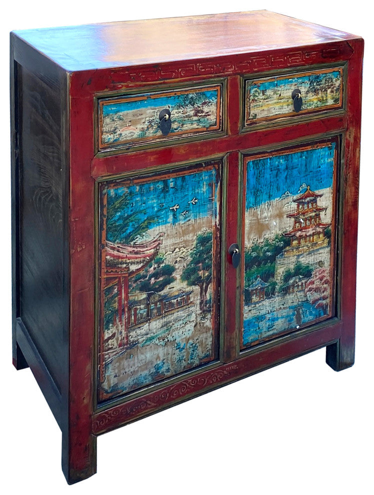 Chinese Distressed Red Blue Old Scenery Graphic Credenza Cabinet Hcs7393