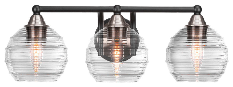 Paramount 3-Light Bath Bar, Matte Black & Brushed Nickel, 6" Clear Ribbed Glass