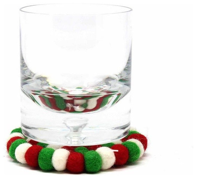 Felt Ball Multicolor Coasters, Set of 4, White Christmas