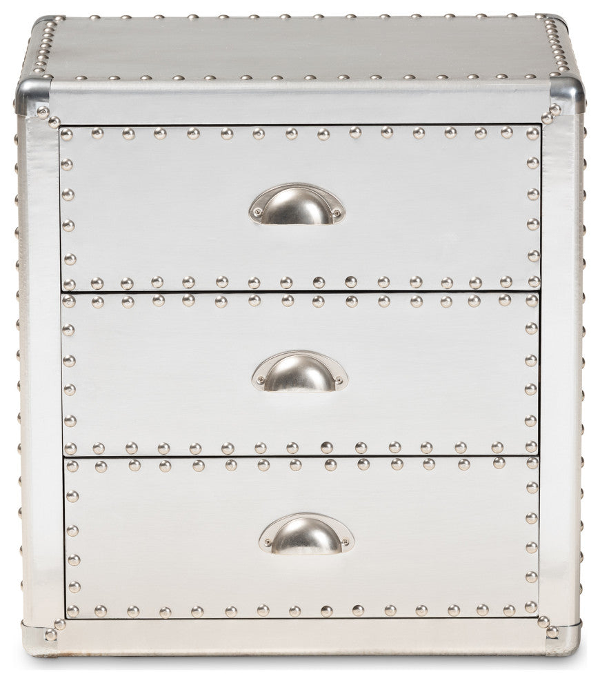 Hempstead French Industrial Silver Metal 3-Drawer Nightstand