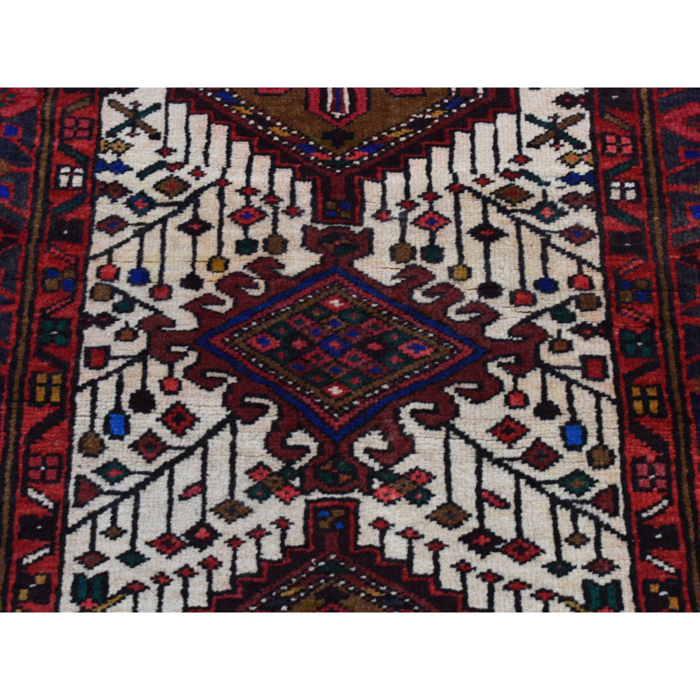 Crimson Red Vintage Persian Karajeh Pure Wool Hand Knotted Runner Rug 3'2"x10'5"