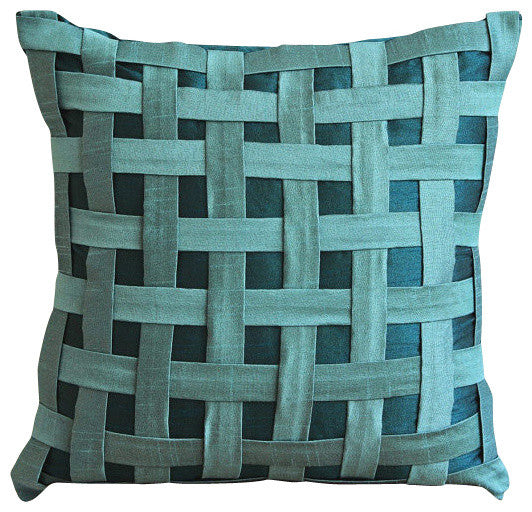 Peacock Green N Teal Basket Weave, Blue 14"x14" Silk Pillowcase