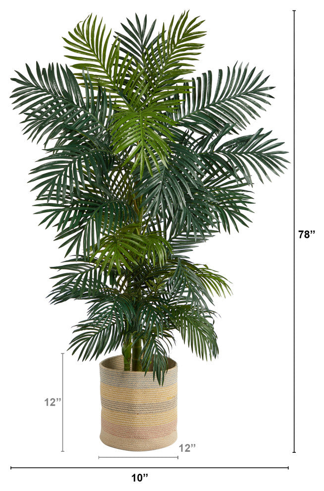 6.5' Golden Cane Faux Palm Tree, Handmade Cotton Multicolor Woven Planter