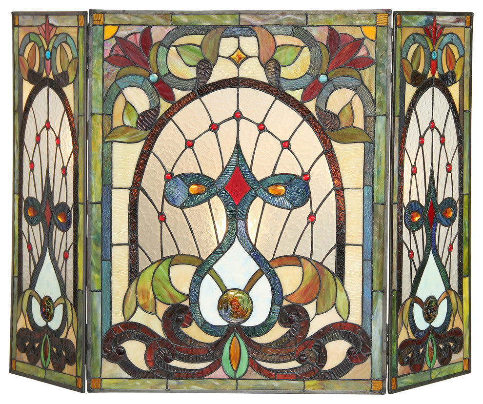 Ruby Tiffany-Glass 3-Piece Folding Victorian Fireplace Screen