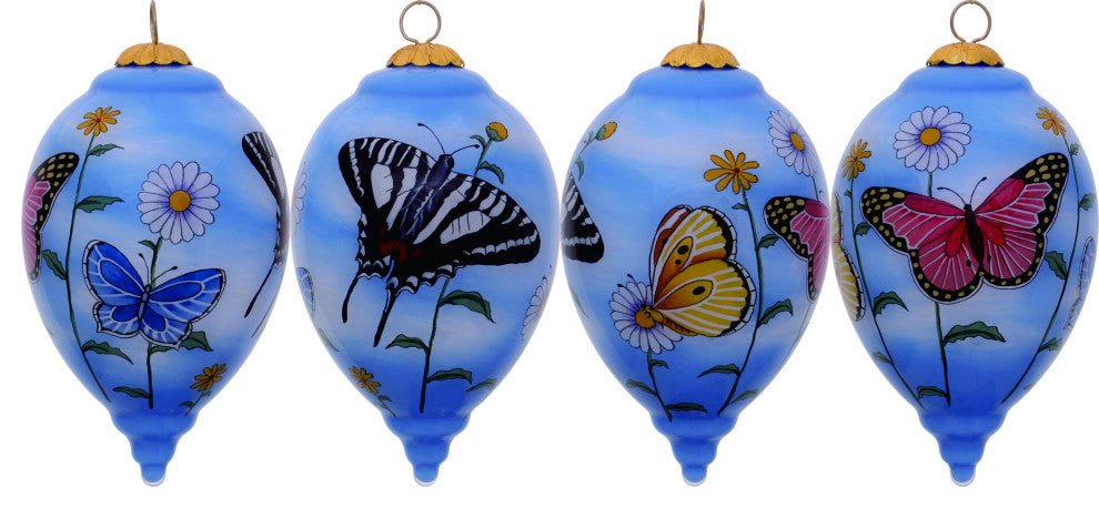 Vivid Garden Butterflies Hand Painted Mouth Blown Glass Ornament