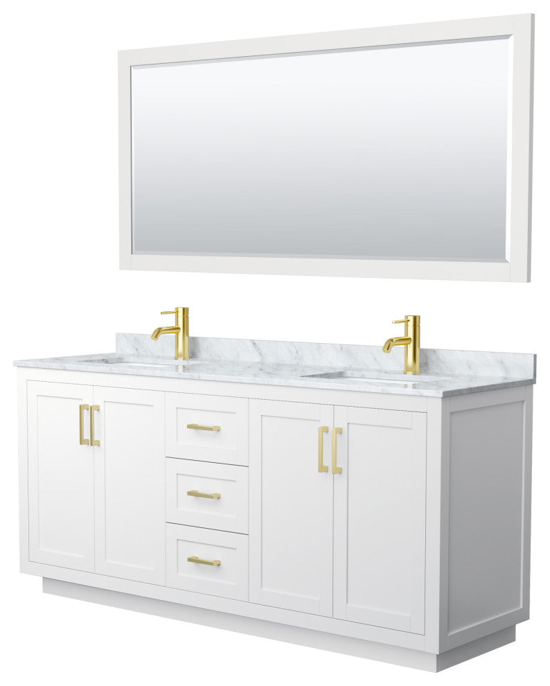 72"DBL Bath Vanity White, Carrara Countertop, Sinks, Gold Trim, 70" Mirror