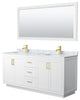 72"DBL Bath Vanity White, Carrara Countertop, Sinks, Gold Trim, 70" Mirror