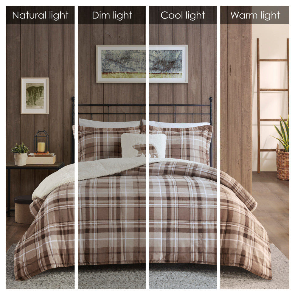 Woolrich Alton Plush to Sherpa Winter Comforter Set, Plaid Taupe, King