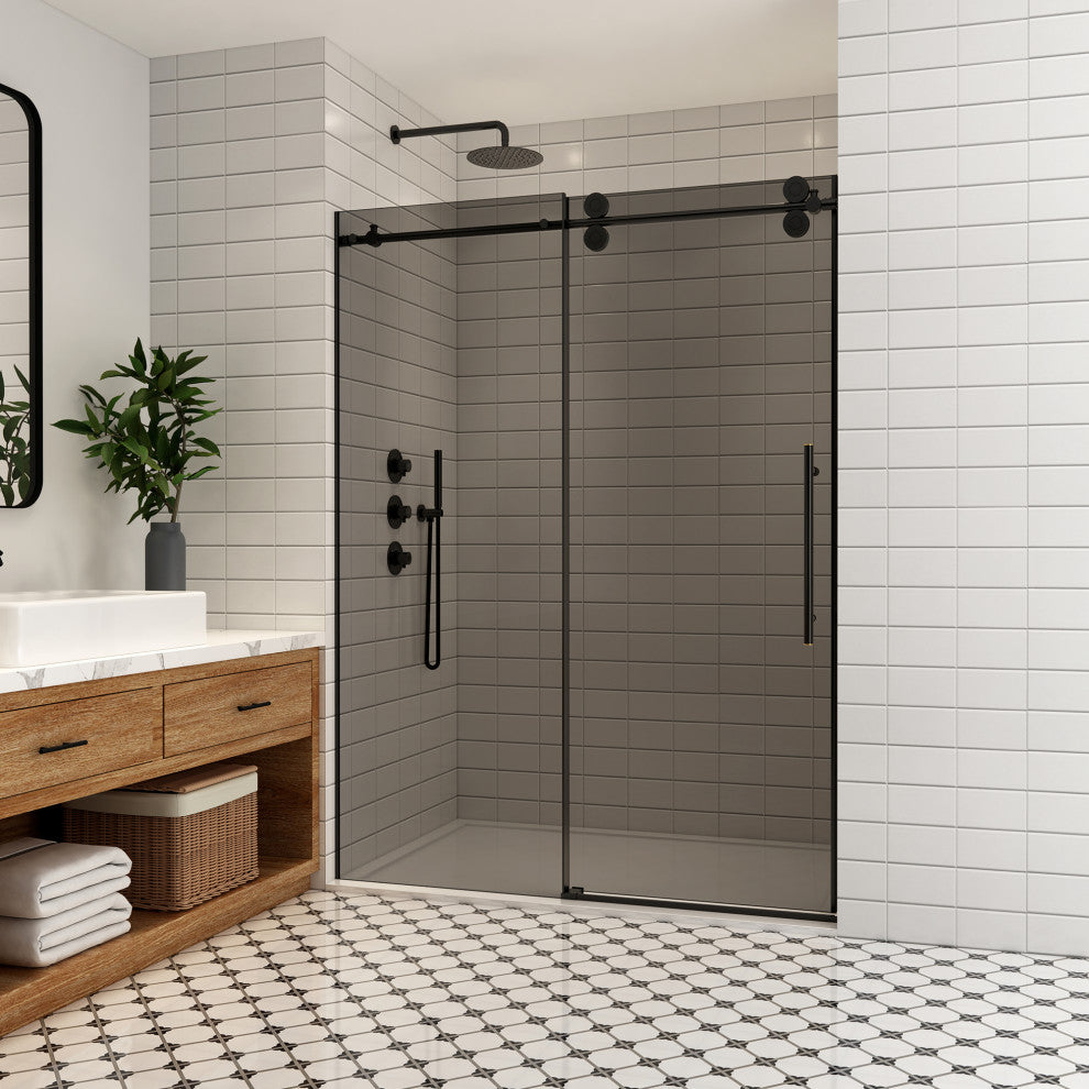Echarri Single Sliding Frameless Shower Door, Tinted Glass, Matte Black, 56" W X 78"h