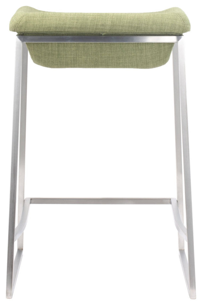 Counter Stool Chair, Set of 2, Steel Metal, Fabric, Green, Silver, Cafe Bistro