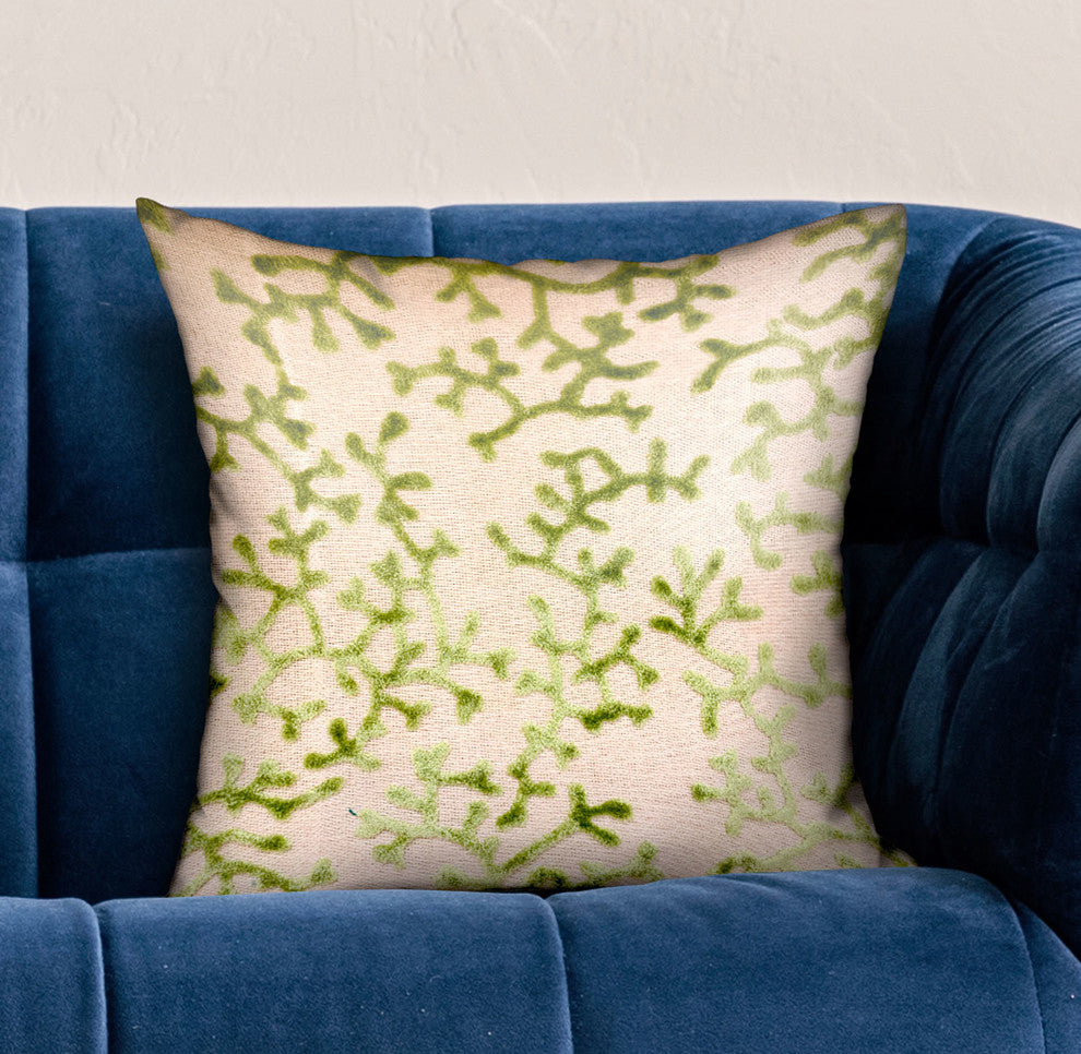 Plutus Sage Reef Apple Green Floral Luxury Throw Pillow, 20"x20"
