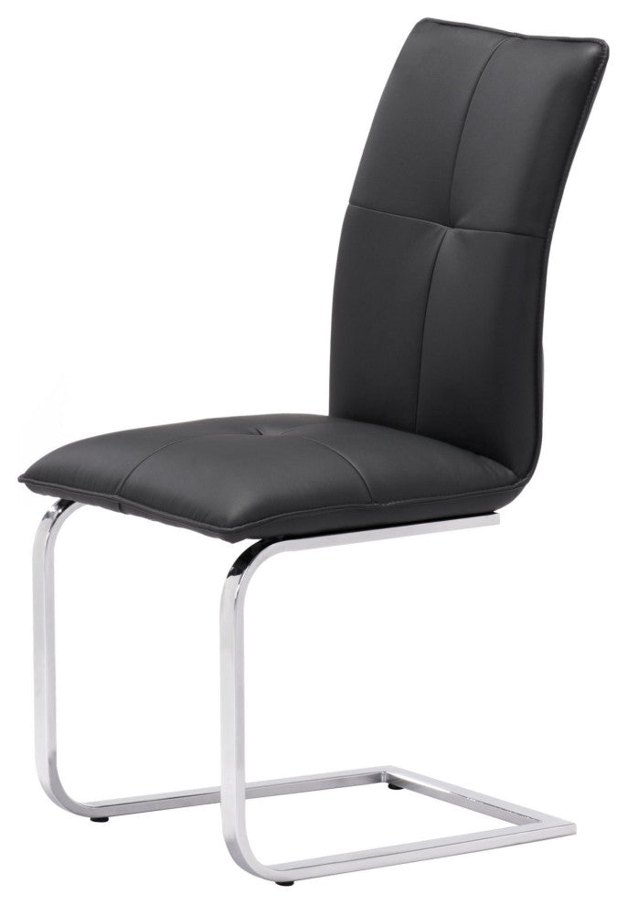 Dining Chair, Set of 2, Faux Vinyl Leather, Steel, Black, Chrome, Cafe Bistro