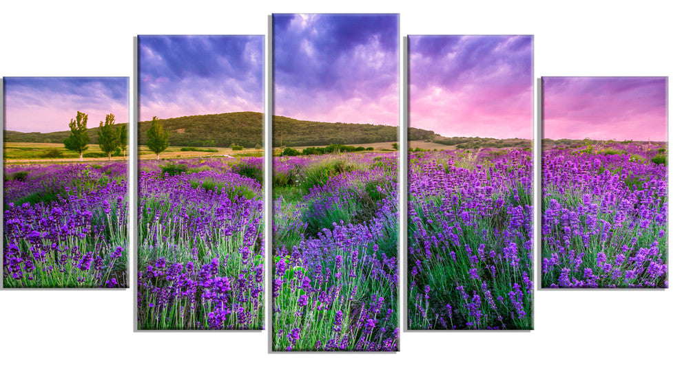 "Summer Lavender Field in Tihany" Modern Landscape Wall Art, 5 Panels, 60"x32"