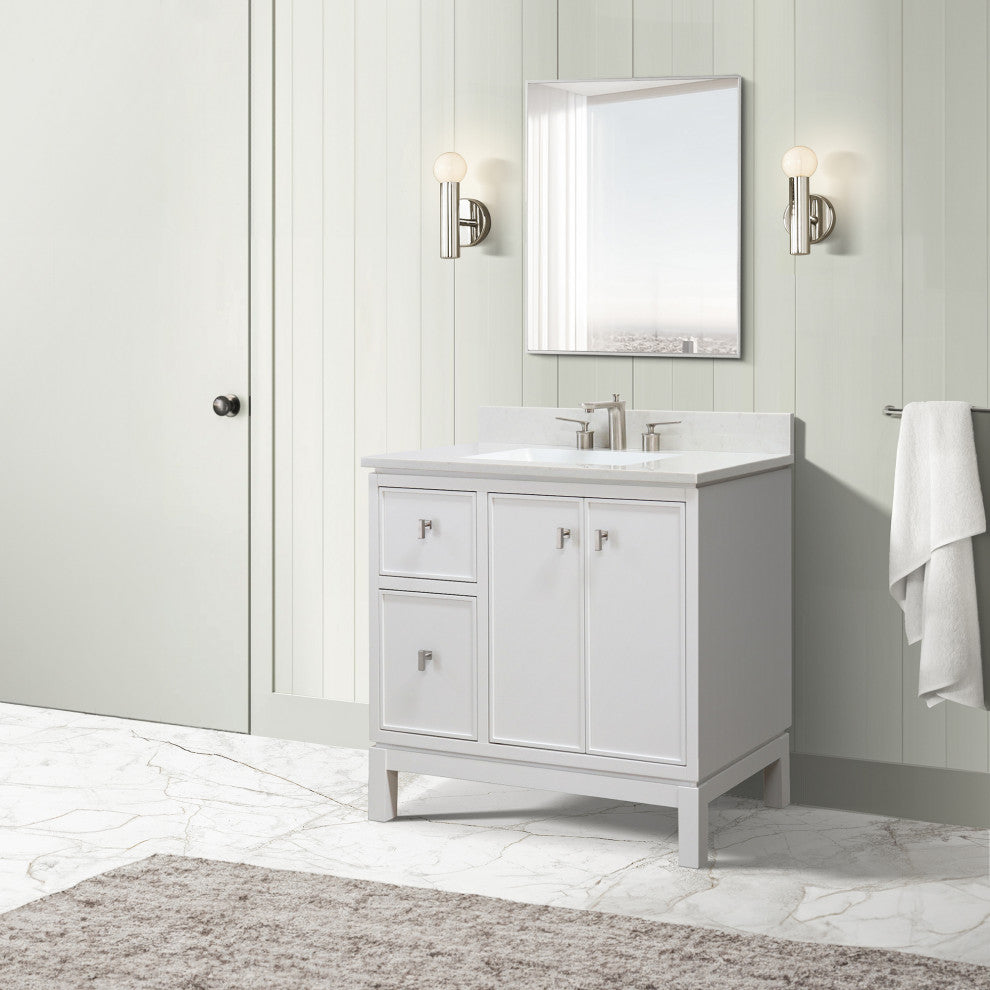 37" Single Sink Vanity, White With Engineered Stone Top