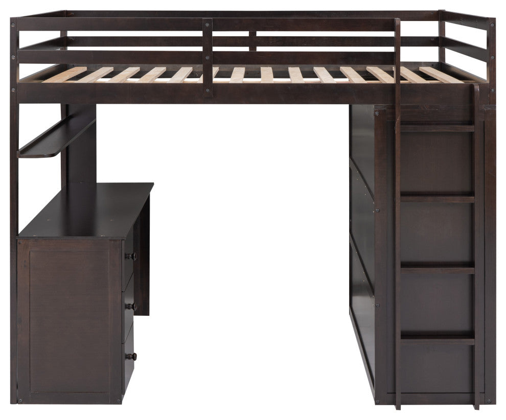 Gewnee Full size Wood Loft Bed with Drawers,Desk and Wardrobe in Espresso