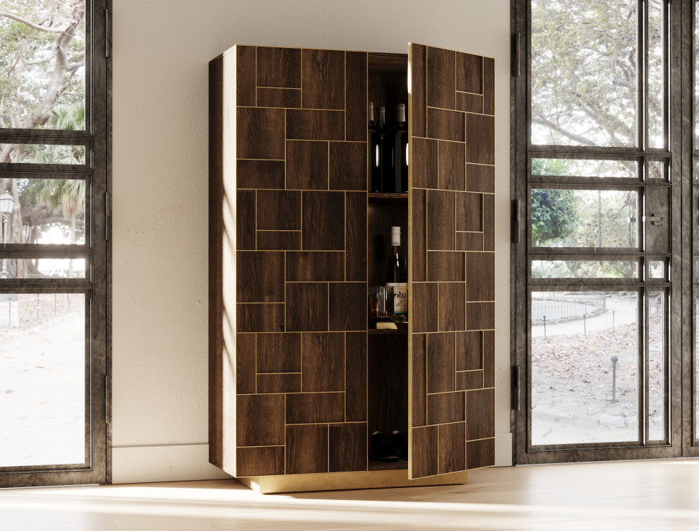 Modrest Auer- White Marble, Brown Oak and Gold Wine Rack Cabinet