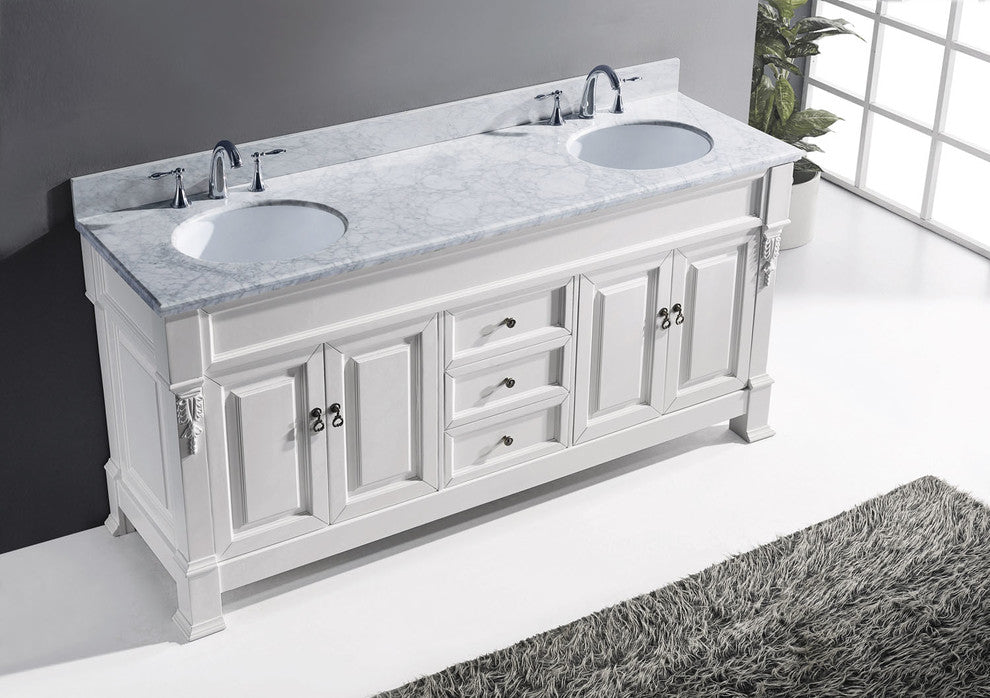 Virtu Huntshire 72" Double Bathroom Vanity, White With Marble Top, Mirrors