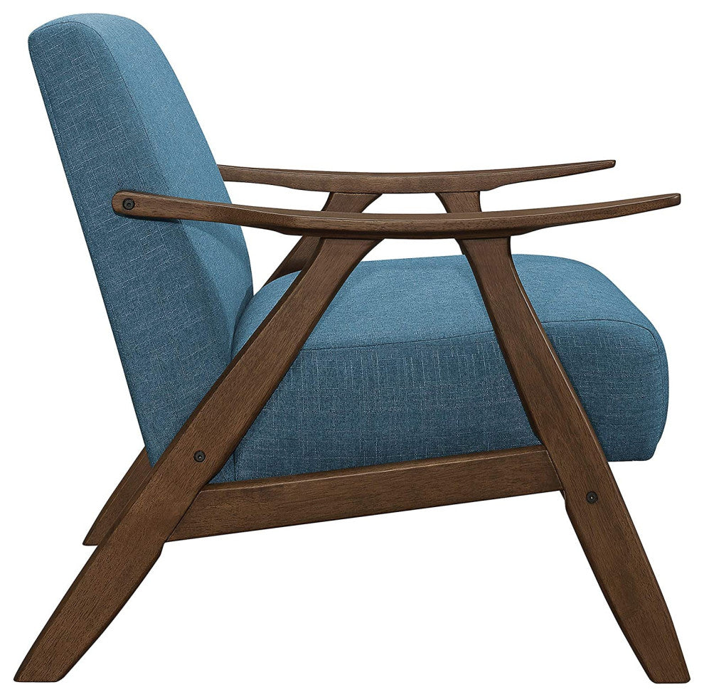 Mid-Century Blue Accent Chair, Walnut Frame, Comfy Upholstered Lounge Seat