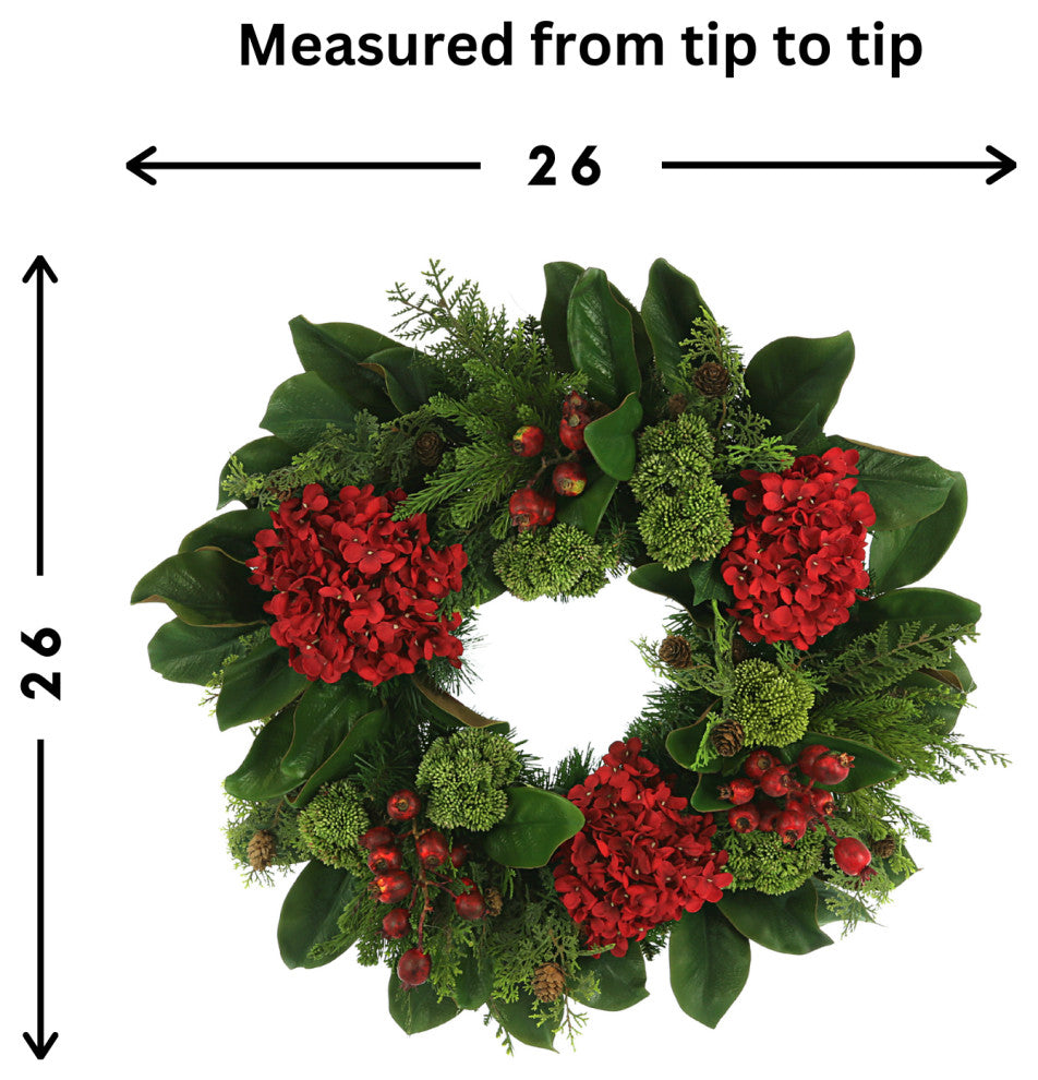 26" Hydrangea Holiday Wreath with Magnolia Leaves, Cedar, Sedum and Berries