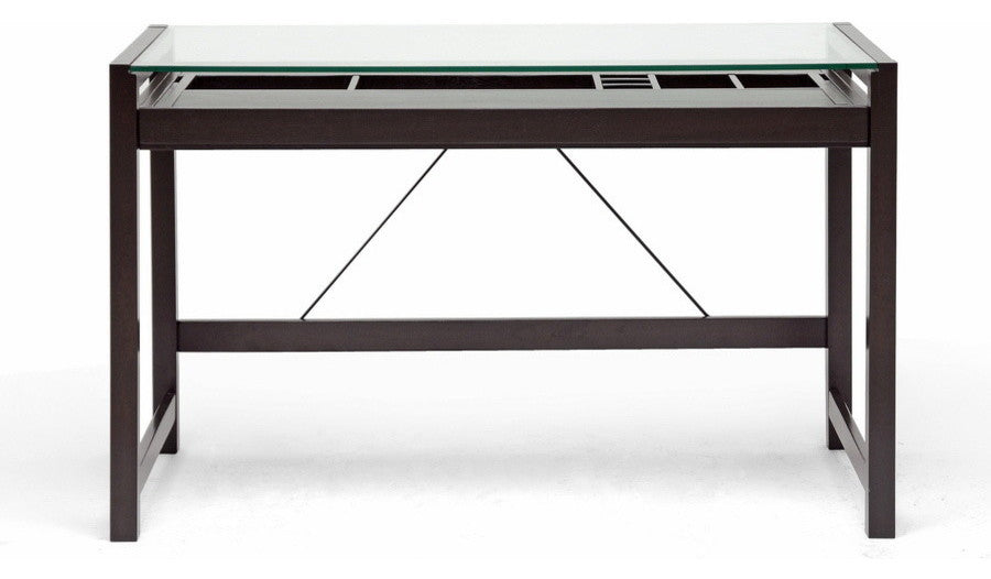 Idabel Dark Brown Wood Modern Desk With Glass Top