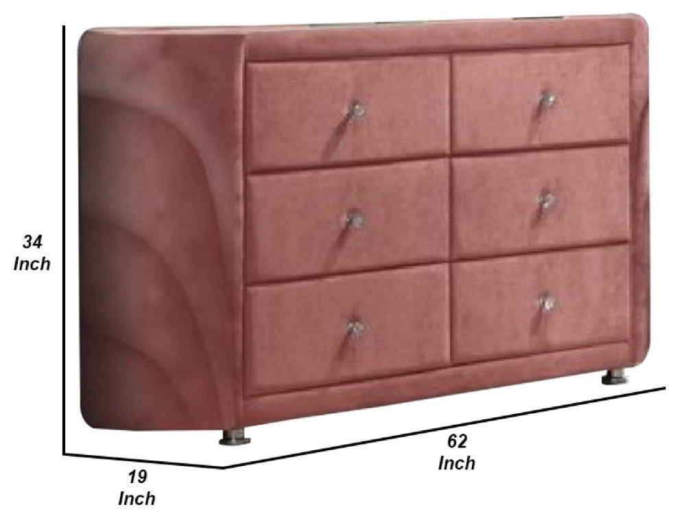 Benzara BM275662 Modern Side Dresser, 6 Drawers, Round Metal Knobs, Velvet, Pink