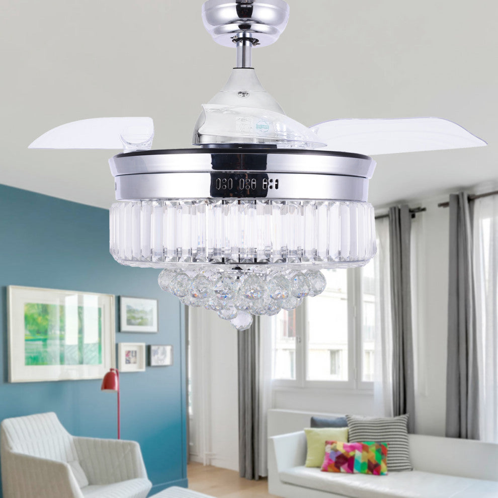 Unique Caged Ceiling Fan with Remote, LED light, Retractable Blades, Chrome