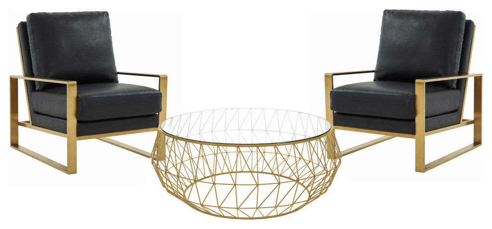 LeisureMod Jefferson 3-Piece Set With 2 Arm Chairs and Coffee Table, Black