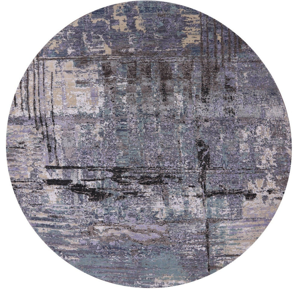 8' Round Wool and Silk Modern Hand-Knotted Rug Q7149