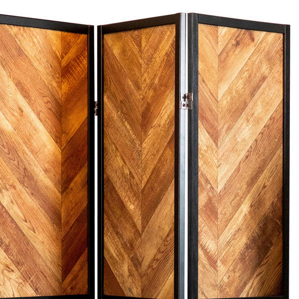 Benzara BM282036 Modern 3 Panel Folding Room Divider, Herringbone Pattern, Brown