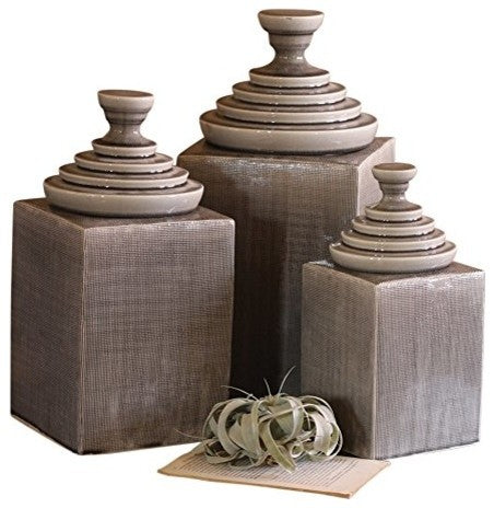 SET OF 3 GREY TEXTURED CERAMIC CANISTERS WITH PYRAMID TOPS