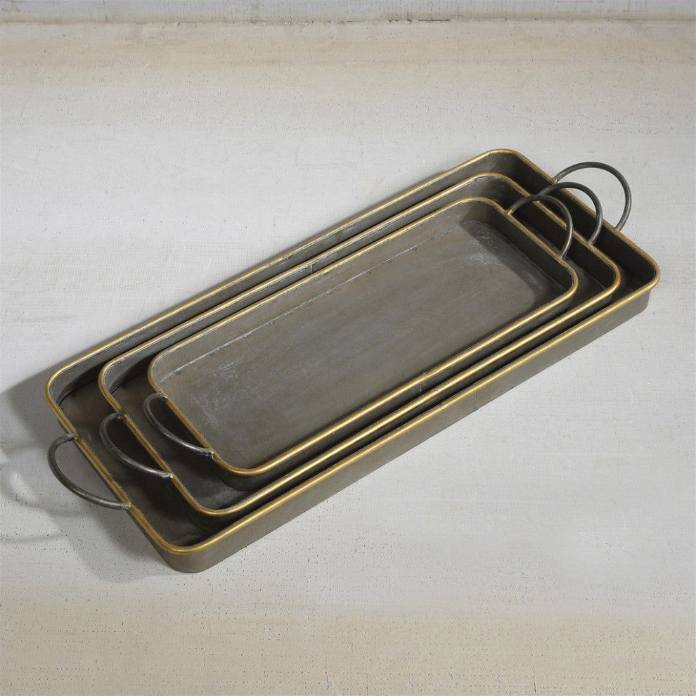 HomeRoots Set of 3 Nesting Galvanized Metal and Gold Serving Trays