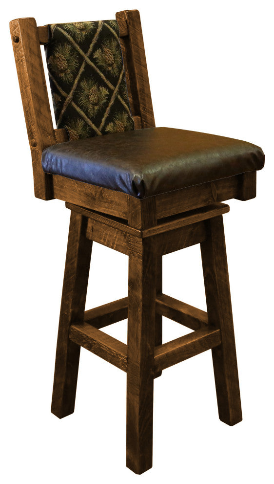 Barnwood Style Timber Peg Swivel Upholstered Barstool, Early American, Black Pine Cone and Quarter Espresso, Counter Height