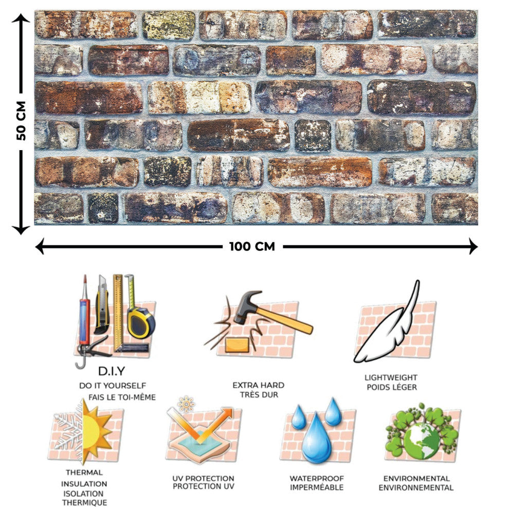 Faux Brick 3D Wall Panels, Multicolored, Set of 10, Covers 54 sq ft